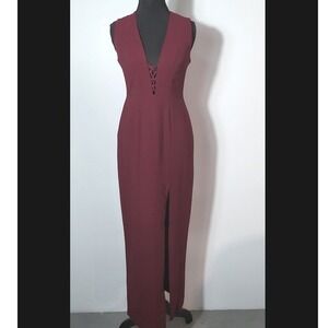 WAYF Burgundy Lace Up Deep V-Neck Sleeveless Maxi Dress Side Slit XS Made in USA